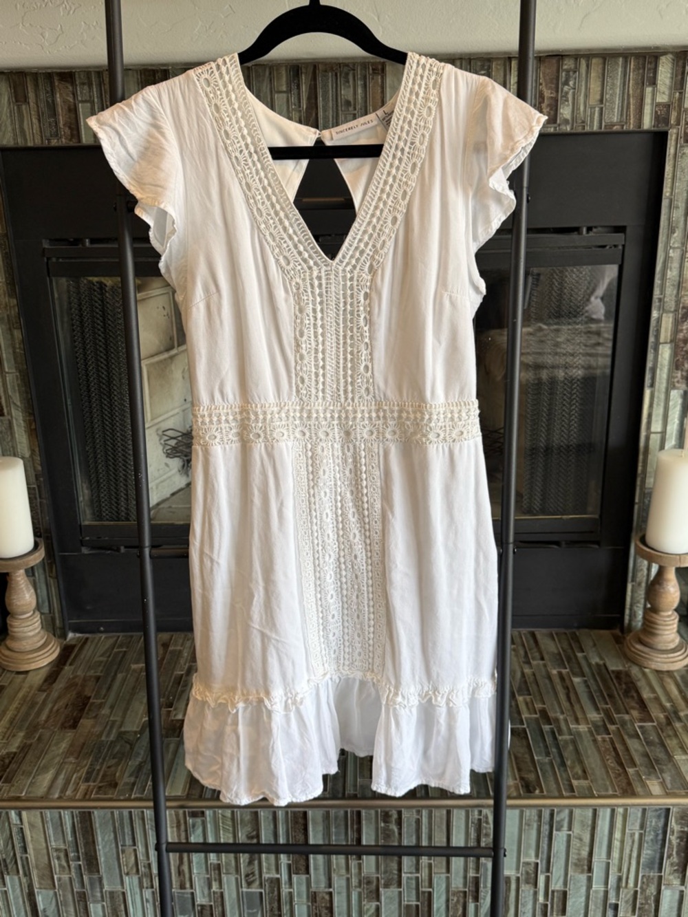 Sincerly Jules White Crochet V-Neck Mini Summer Dress in Large